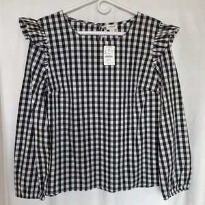 J Crew Gingham Long Sleeve Ruffle Shoulder Top Large